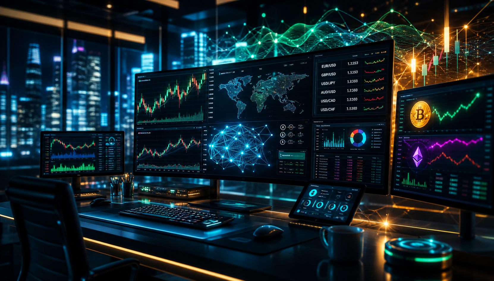 AI trading command desk with forex and crypto market screens