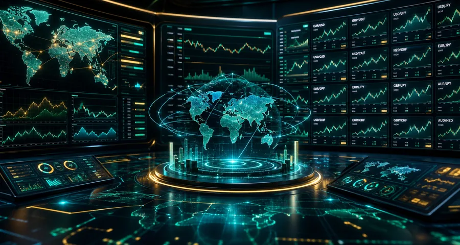 Dedicated AI forex engine command room with global currency dashboards